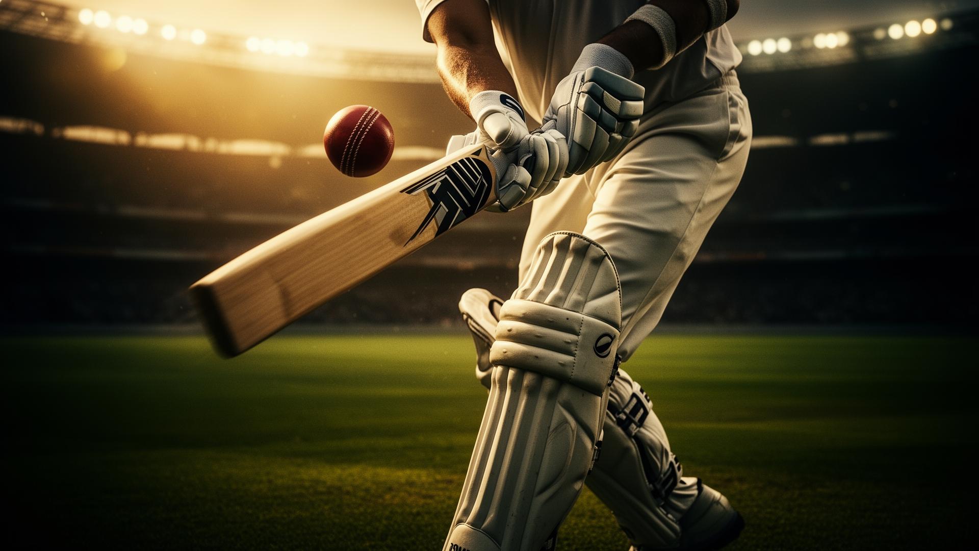 Cricket batsman striking ball at sunset